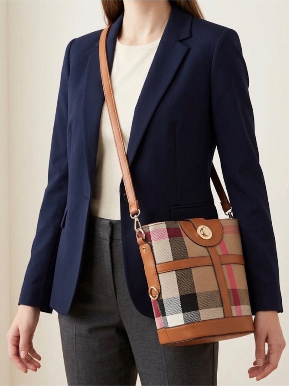 Plaid Brown Faux Leather-Trim Bucket Bag
